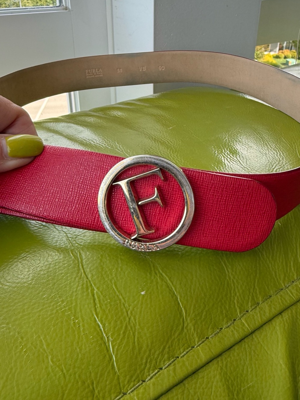 Furla Red Leather Belt with Gold 'F' Round Buckle